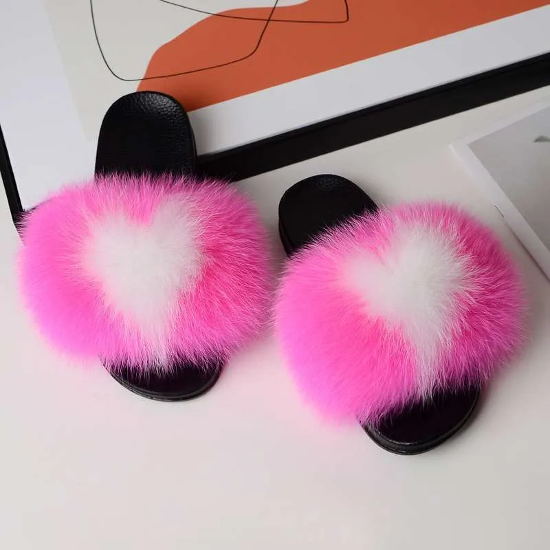 

Factory wholesale 100% fox fur children's fur slippers colorful raccoon hair slippery customizable baby fur slippers