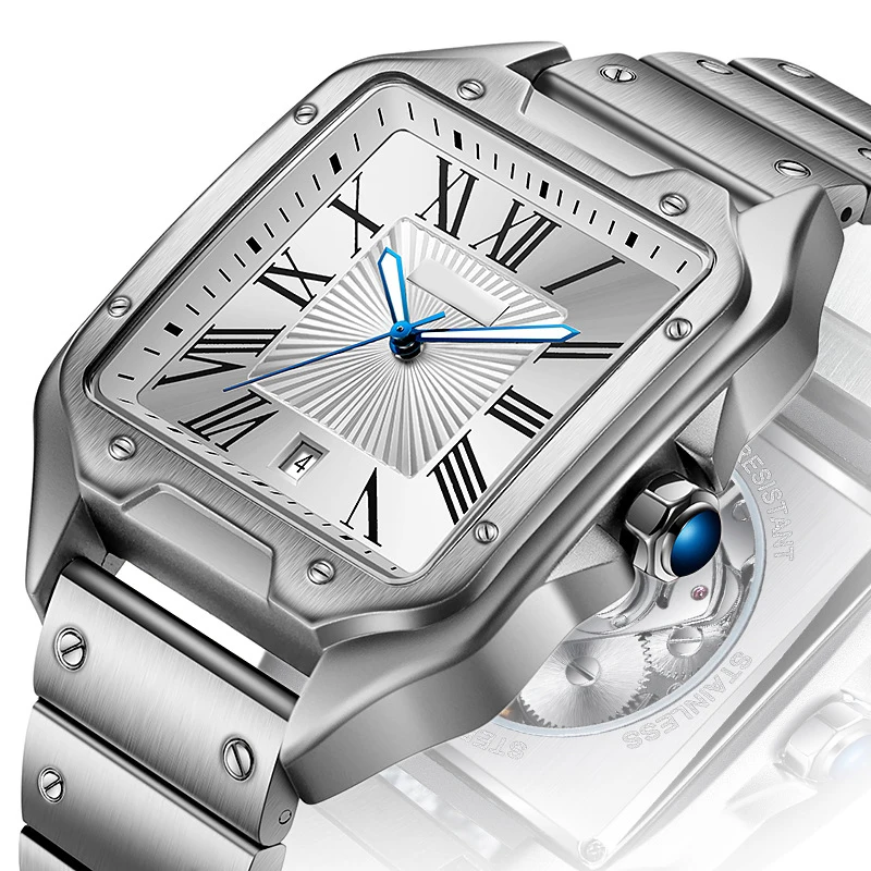 

Luminous Waterproof Wrist Watches Stainless Steel Square Roman Numerals Mechanische Uhren Men Mens Automatic Mechanical Watch