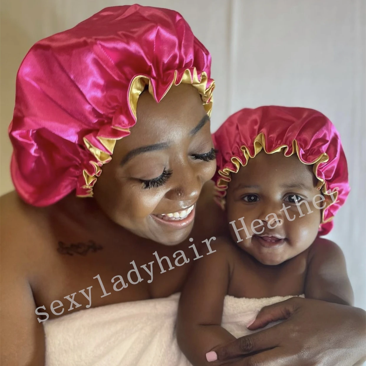 

Best selling silk mommy and me bonnets double layer satin bonnets with logo adjustable hair bonnet satin