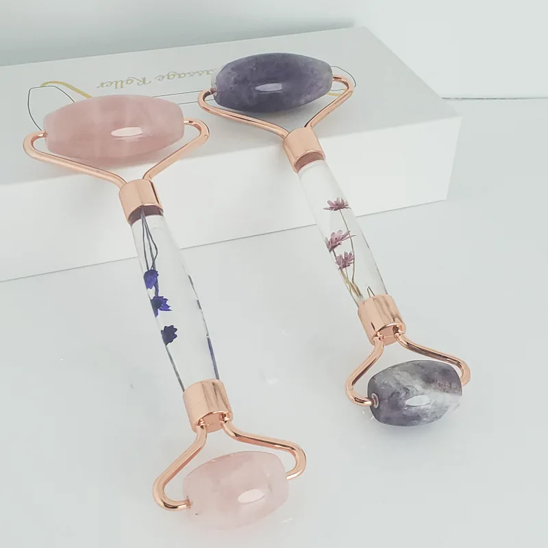 

Rose Crystal Facial Massager Skin Care Roller Face Guache Scraper Jade Massage Roller Gua Sha Gouache Massage Set Skin Care, Purple / pink