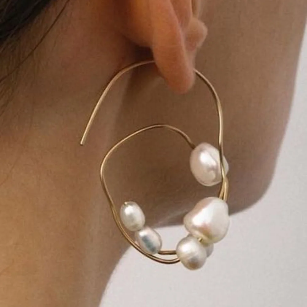 

Unique geometric irregular freshwater pearl hoop earrings women jewelry, Gold