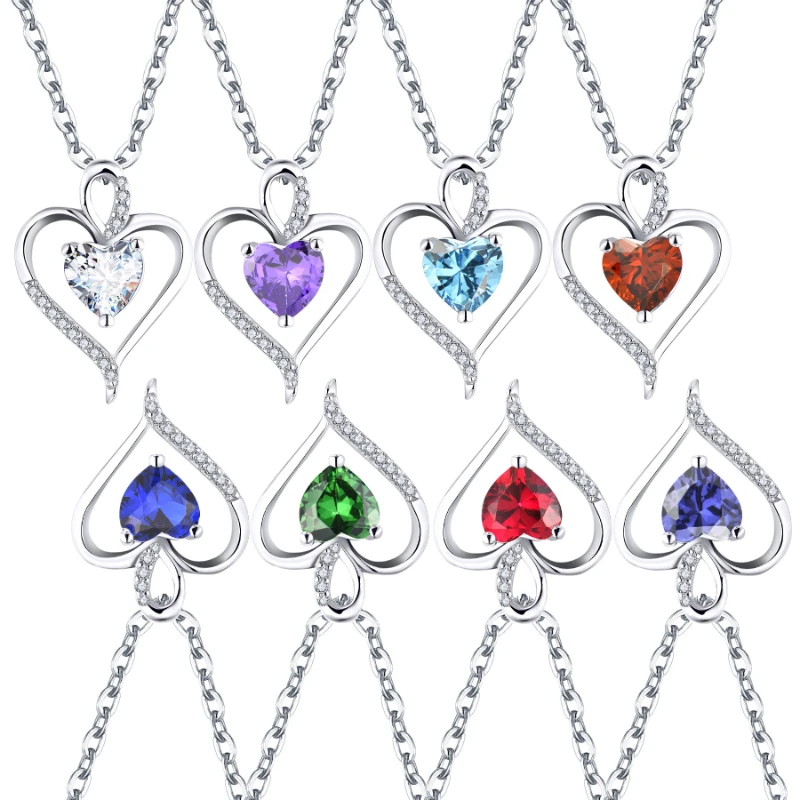 Women's Fashion Heart Pendant Necklace 925 Sterling Silver with Zircon Birthstone Fine Jewelry Charms & Pendants