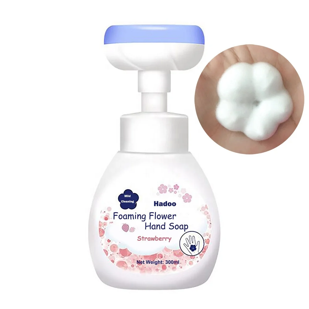 

OEM Flower Foaming Liquid Hand Soap 300ml for kids Strawberry flavor fragrance, Green/white/pink/custom