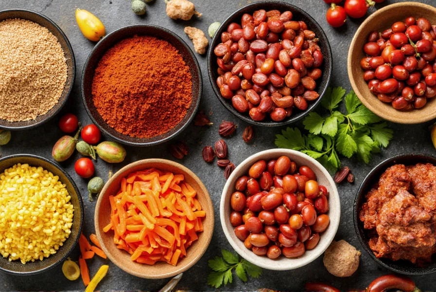 Colorful array of chili ingredients including spices, beans, vegetables, and meat in separate bowls