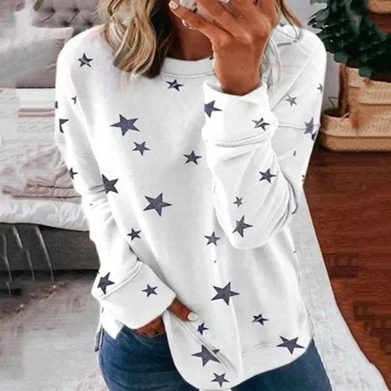 

2020 Autumn Hot Selling New Fashion Women Star Printed Sweatshirt Plus Size Long Sleeve Round Neck Casual Loose Pullover Top, Shown