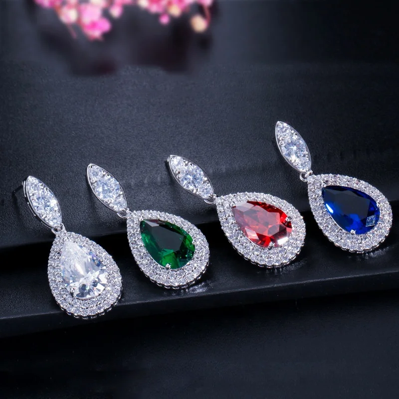 

Fashion Women White Gold Color Dangle Drop Royal Blue Crystal Paved No Pierced Ear Clip On Earrings Jewelry, Picture shows