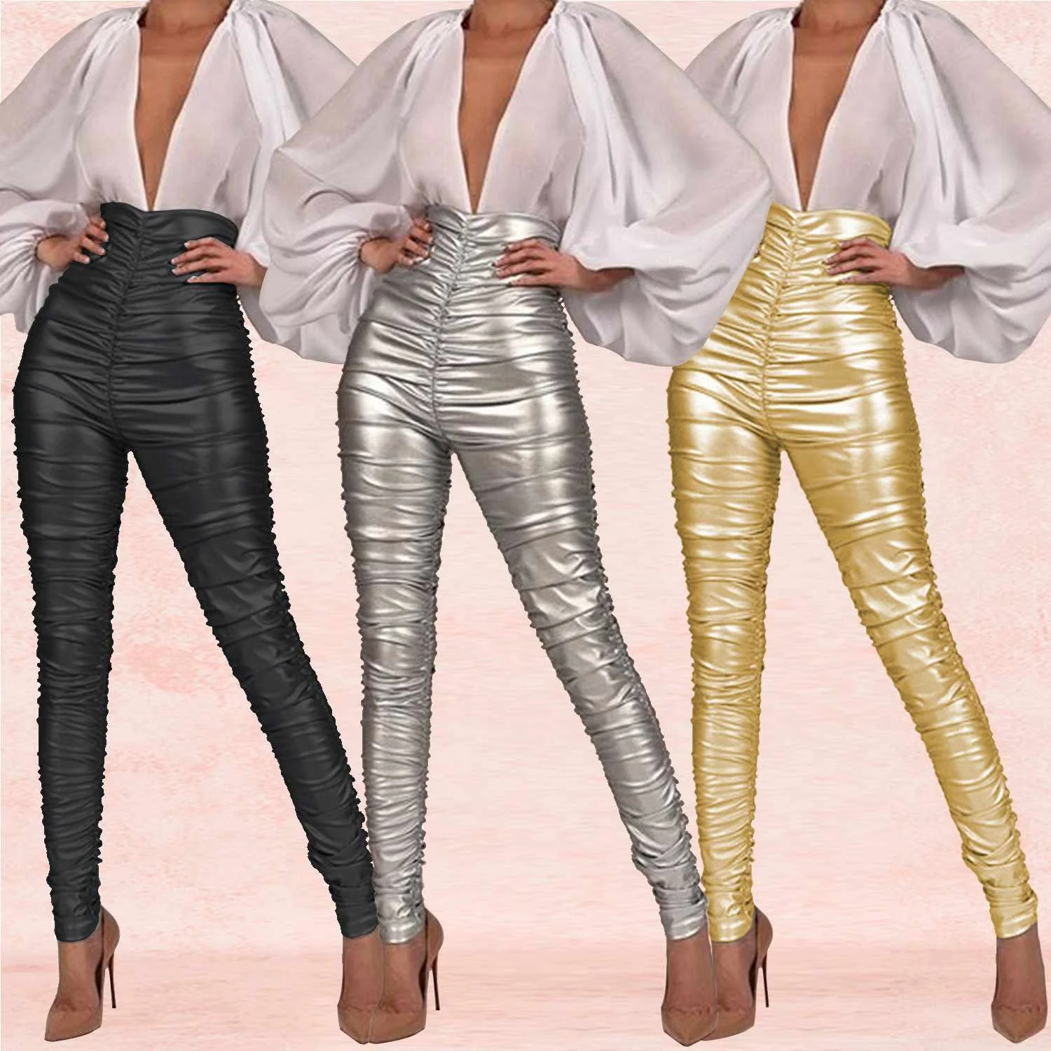 

Night Club Wear High Waist Pleated Slim stacked leggings leather Pants woman