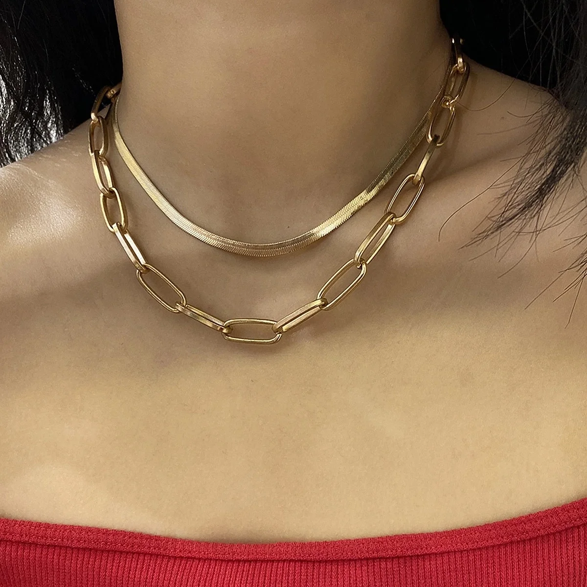 

18k Gold Link Necklaces Paperclip Chain Chokers Gold-plated Layered Choker Necklace, Gold color