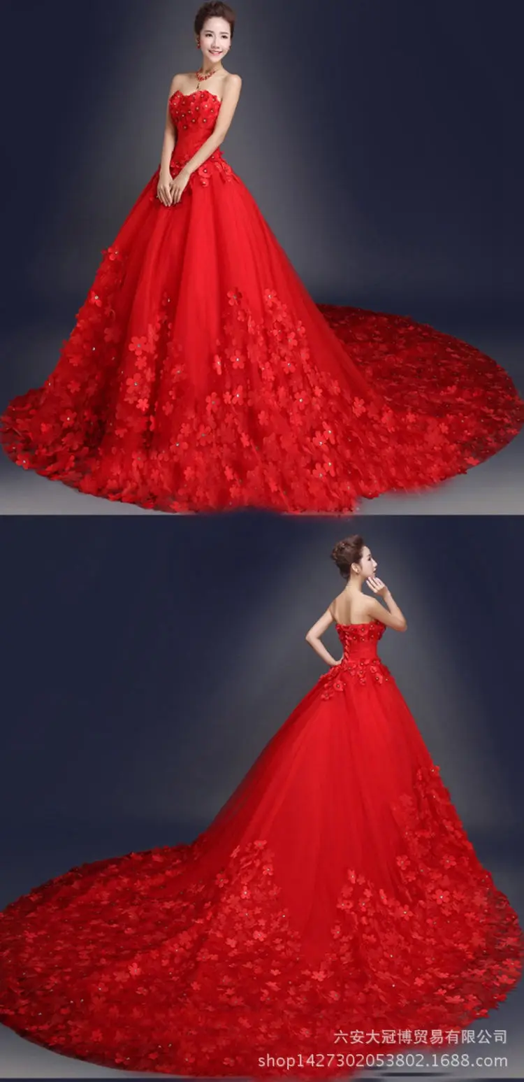 Luxury Gaun Pernikahan 3d Lace Applique Plus Size White Red Boob Tube Top Wedding Dress