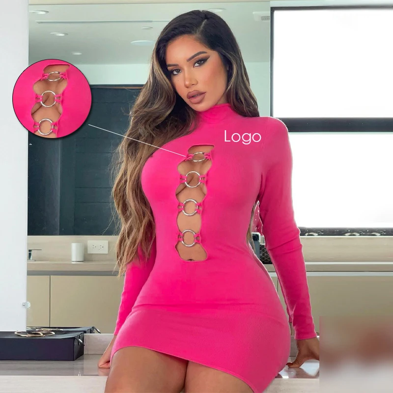 

Custom Logo 2022 Spring Fashion Solid Color Hollow Out Bodycon Long Sleeve Women Cotton Dress, Picture color