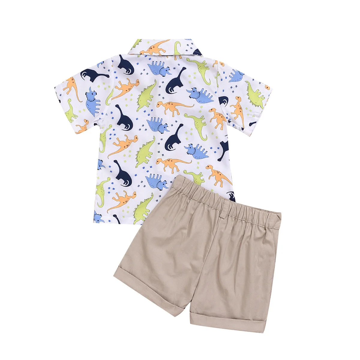 

Children's full-print small dinosaur short-sleeved shirt + two-piece khaki shorts