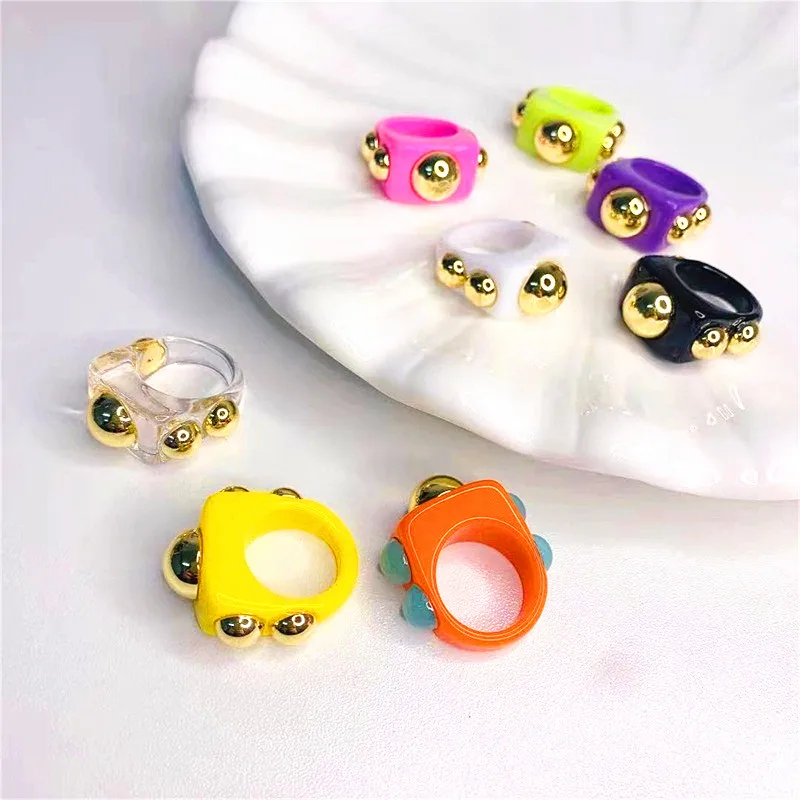 

Hot Selling Gold Plated Beads Chunky Resin Rings Transparent Multicolor Acrylic Ring for Women Jewelry, As pictures