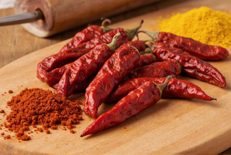Dried ancho and guajillo chili peppers arranged on wooden cutting board with traditional Mexican spices