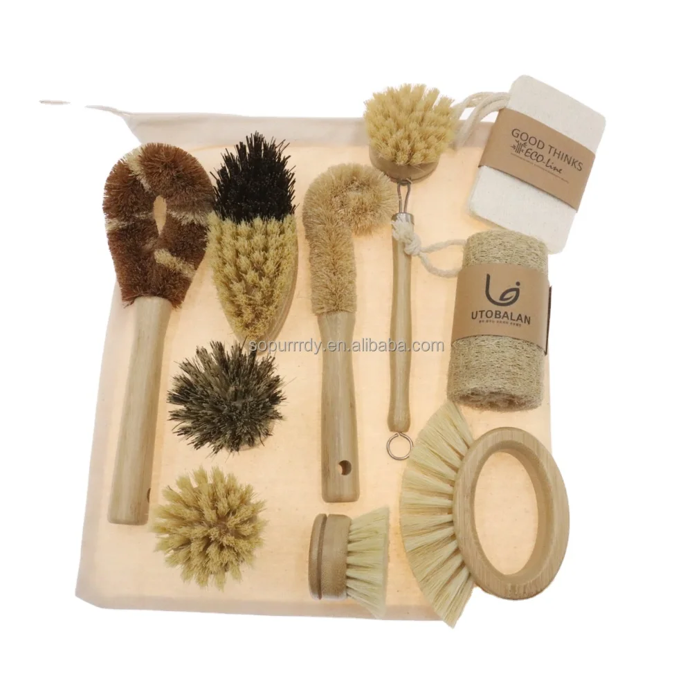 

Sopurrrdy Natural Pan Pot Vegetable Dish coconut Brushes Eco biodegradable wooden wood bamboo kitchen scrub cleaning brush set