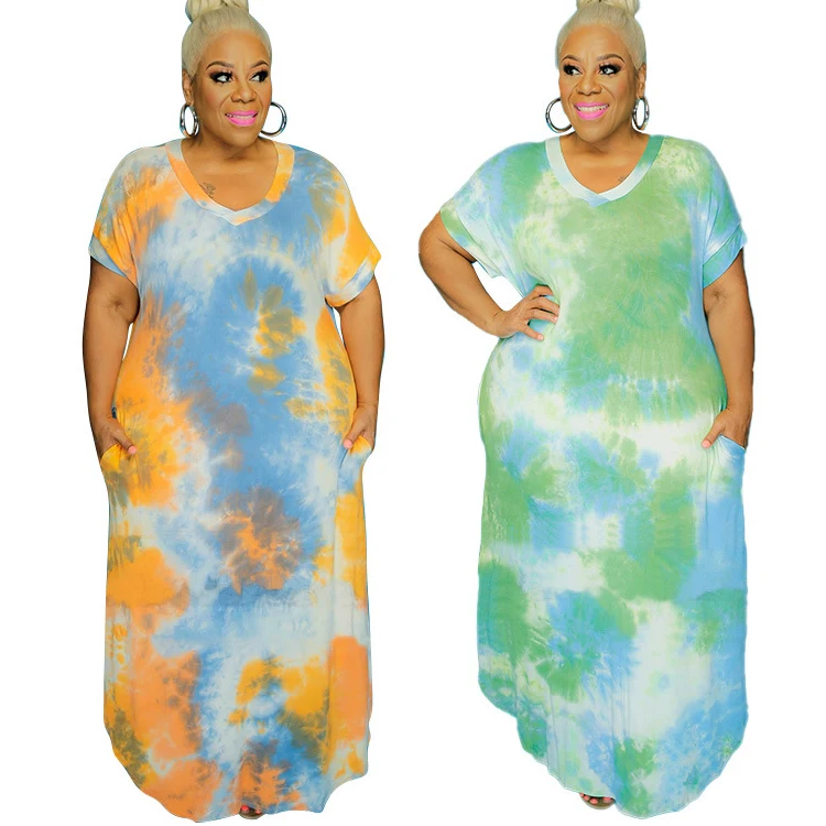 

Oversized T Shirt Long Dress Side Pockets V Neck Casual Loose Plus Size Tie Dye Printed Dress