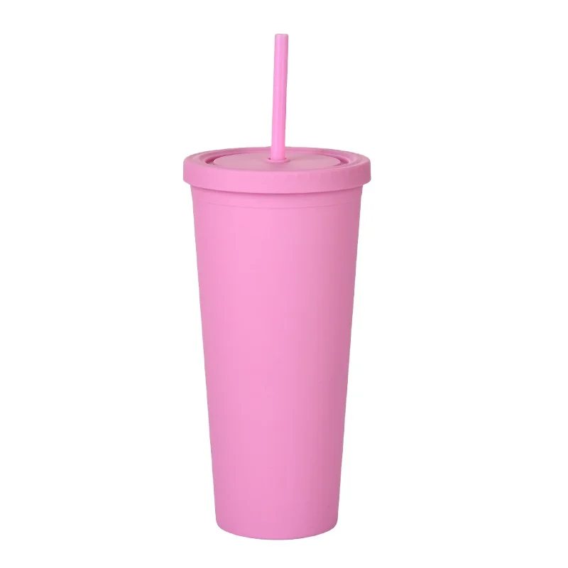 

Wholesale 24oz Pink matte coating straight double wall plastic tumblers lids and straws drink plastic tumbler, Many colors could be choosed