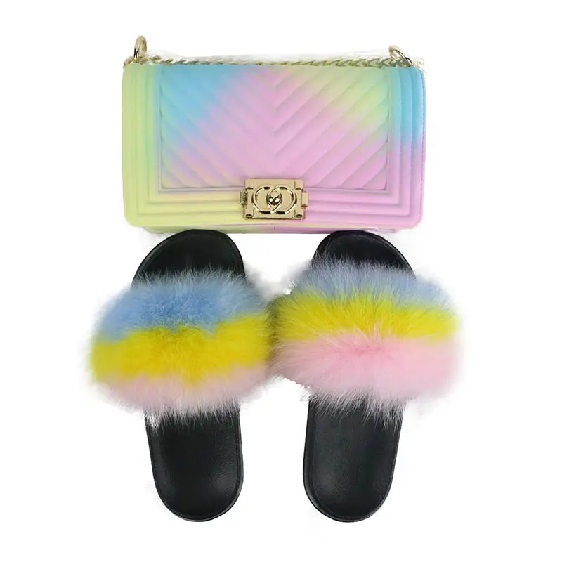 

Wholesale Indoor Night Party Real Fox Fur Sandals Slides with Matching Bag