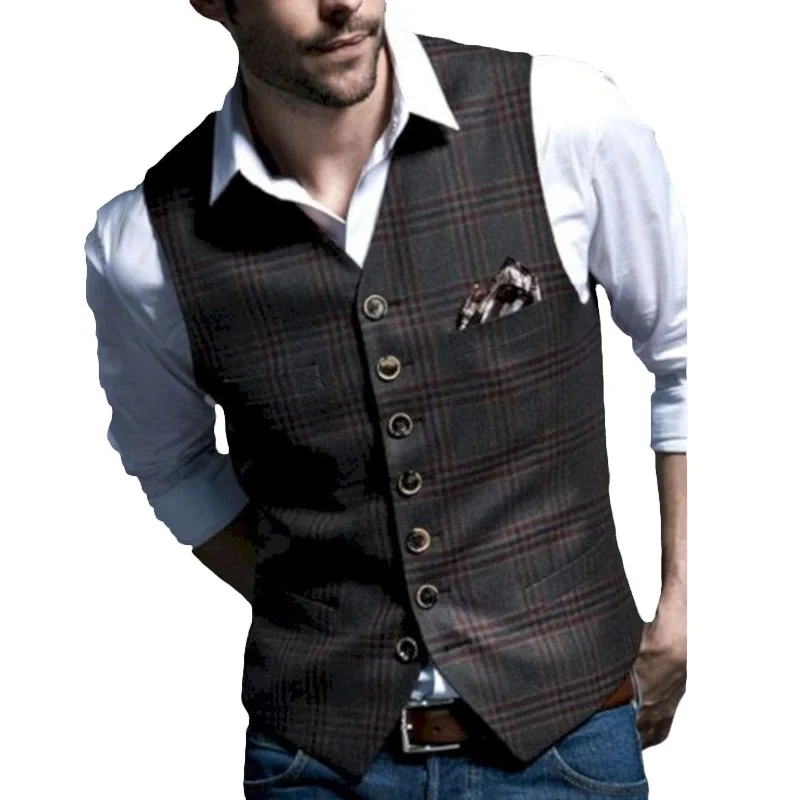 

Men Suit Vests Coffee Mens Clothing Wedding Tweed Business Waistcoat Jacket Casual Slim Fit Gilet Homme Vest For Groomsmen