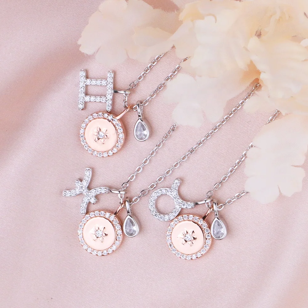 

Personalized Jewelry S925 Custom Rose Gold Plated Horoscope Coin Pendant Sterling Silver 12 Zodiac Sign Constellations Necklaces, Silver/rose gold