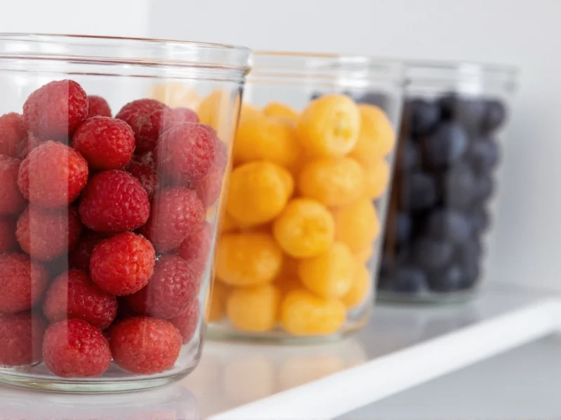 Refrigerated fruit in glass containers preventing fruit fly access