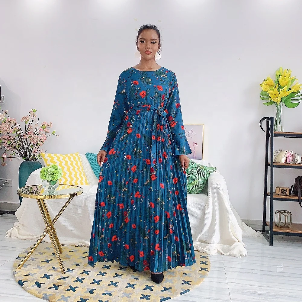 

2020 Dubai Muslim Abaya dress women new print floral long sleeve Islamic Eid casual long dress, Navy