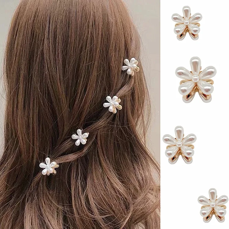 

Elegant pearl Daisy small flower claw hair clip retro mini side bangs clip gold hairpin, Creamy-white