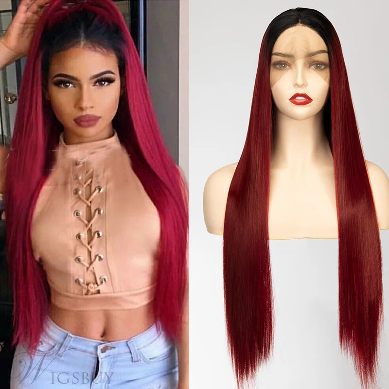 

European and American fashio wig female chemical fiber front lace wig T color gradient long straight wigs for black women