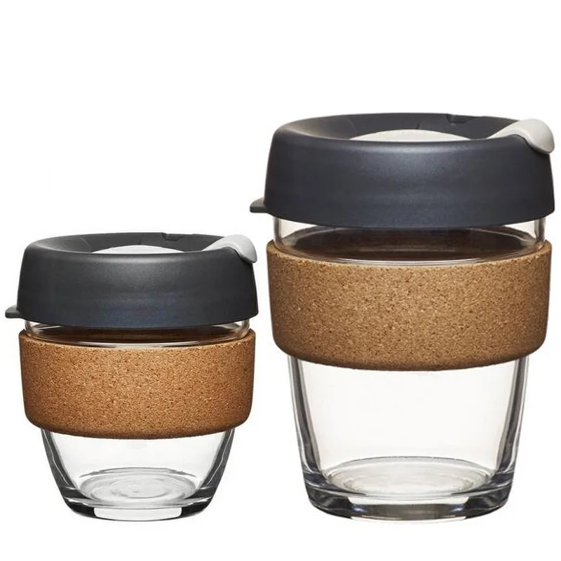 

Custom Transparent Cork Sleeve Travel Reusable Keep Glass Coffee Cup with Silicone Lid