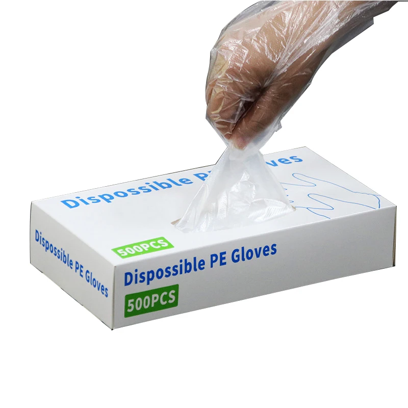 

The factory directly sells 500pieces of boxed PE all-new food-grade oil-proof and thickened disposable gloves, Transparent color