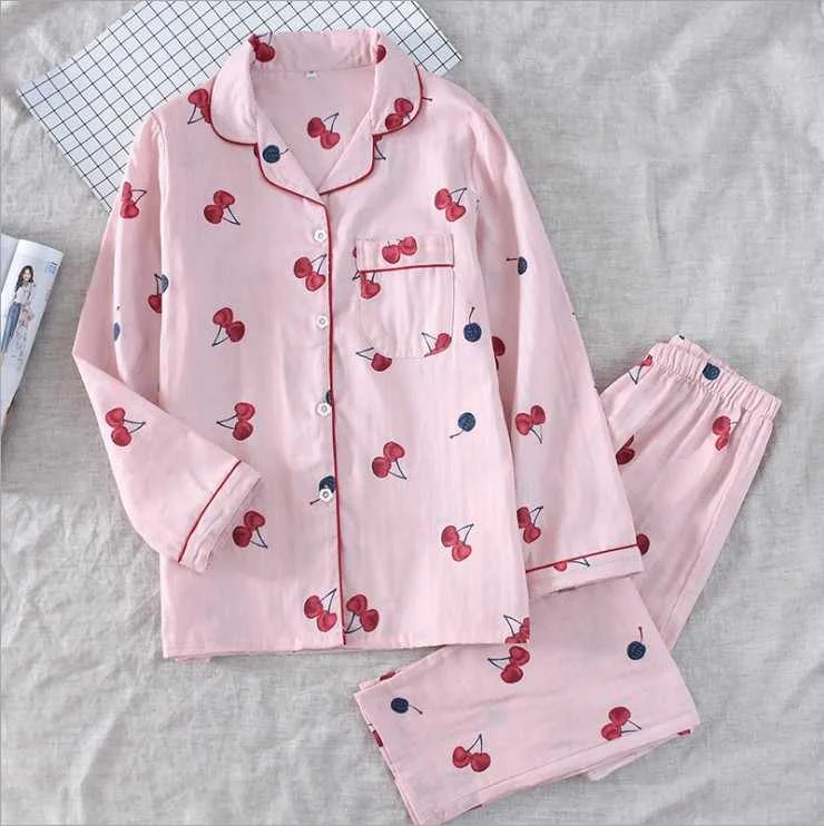 

2021 new spring and summer women's long-sleeved long-sleeved pants suit 100% cotton printed comfortable sleepwear suit female, Required