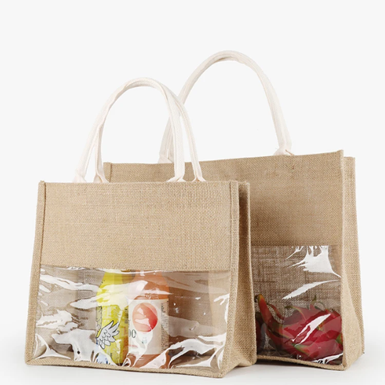 

Wholesale Blank Eco Friendly Linen Hemp Grocery Bag Burlap Tote Shopping Bag bolsa yute Jute Bag bamboo handle With Window, Customized color