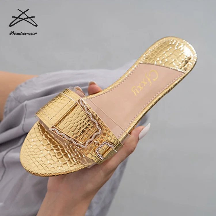 

RTS 2021 New Arrival Outdoor ladies flat slipper Slides Summer Beach Shoes gold diamond feet flat sandals for women and ladies, Black,gold,silver