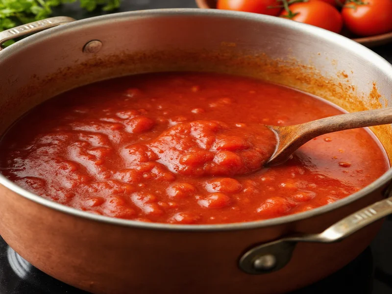 Homemade tomato sauce simmering in copper pot with wooden spoon