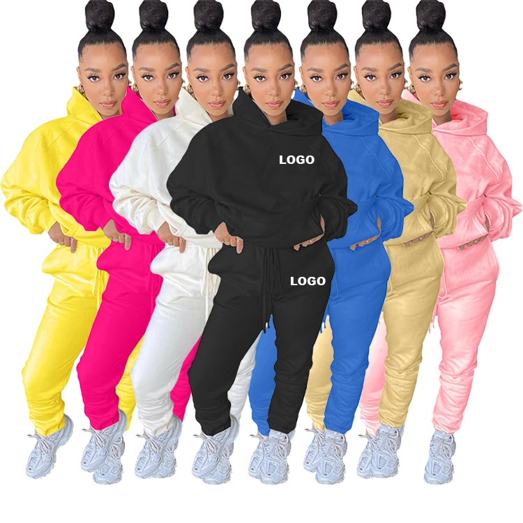 

FABRIC UPGRADE Fall Winter Custom Logo Plain Women 2 Two Piece Set Clothing Pullover Tracksuit Cotton Hoodie Sweat Suit Set