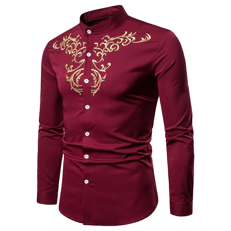 

Autumn Men's Long Sleeve T-shirt Boutique Embroidered Stand Collar Formal Shirts