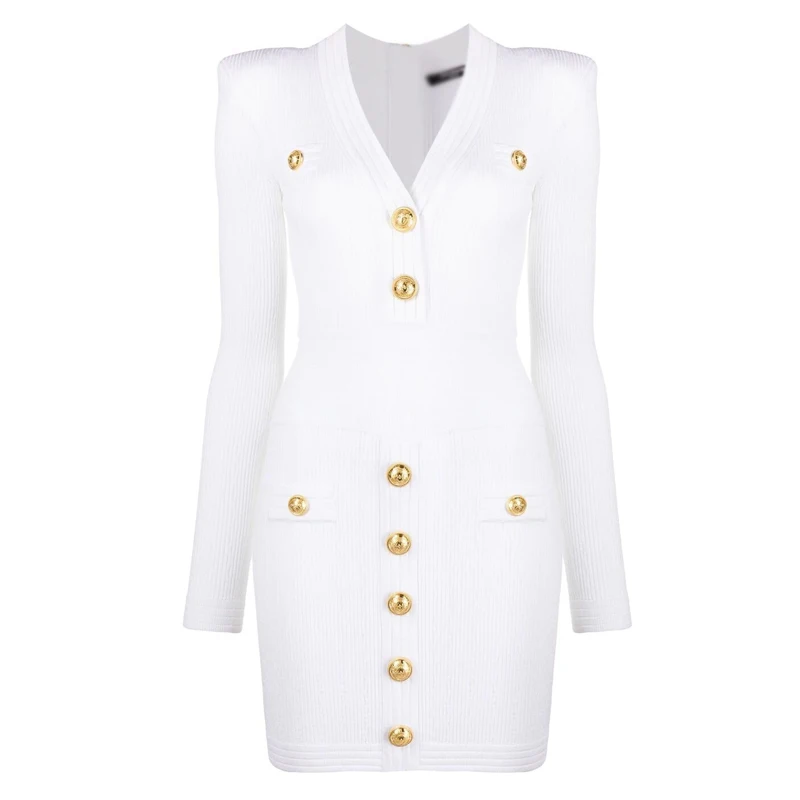 

2021 New Fall Elegant Design High Quality V-neck Long Sleeve Buttons Casual White Casual Knit Dress