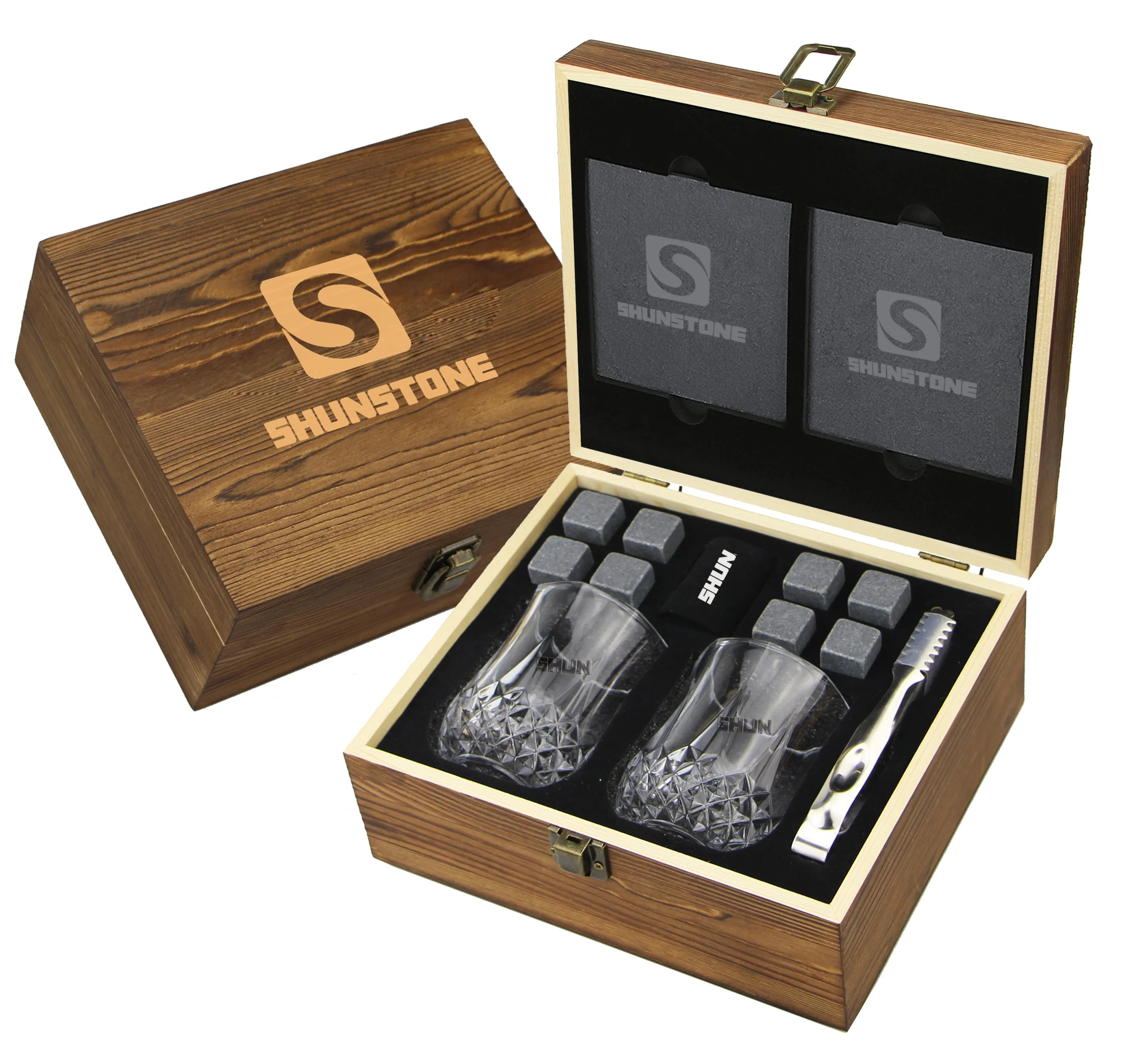 

Shunstone Two Whiskey Glasses + Whiskey Stones 8pcs + 2 Slate Coaster + 1 Stainless steel Tong + Wooden Box, Dark grey