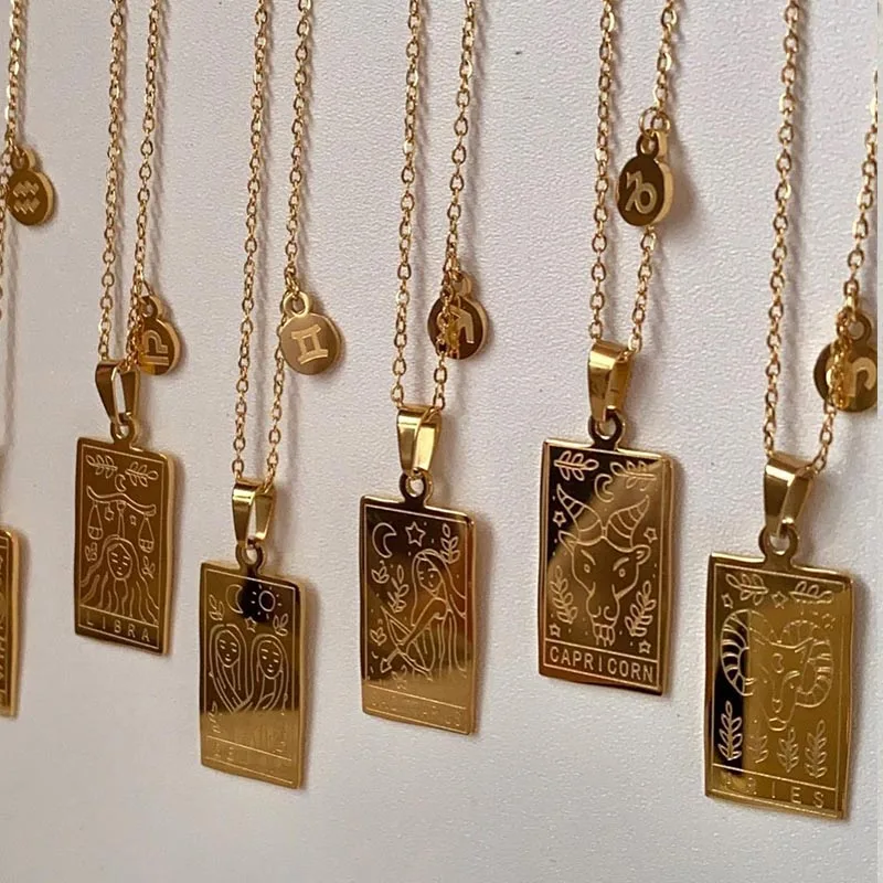 

Vintage Taurus Aquarius Aries Chains For Women Gold Color Square Stainless Steel 12 Constellation Zodiac Sign Necklace