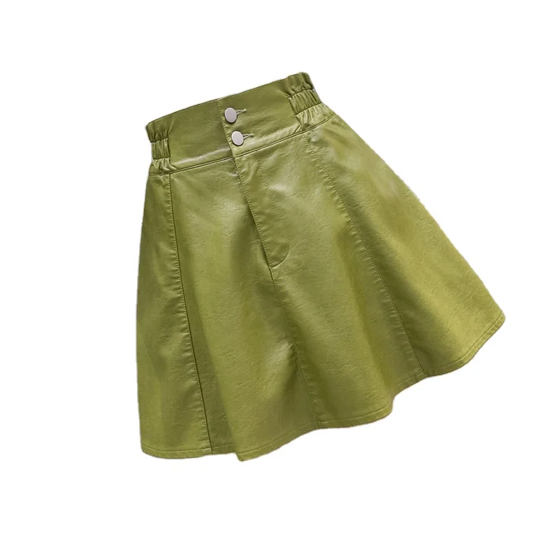 

Elastic Waist Pu Leather A-line Female New High Waist All-match Thin And Anti-empty Bust Small Leather Skirt, Different colors and support to customized