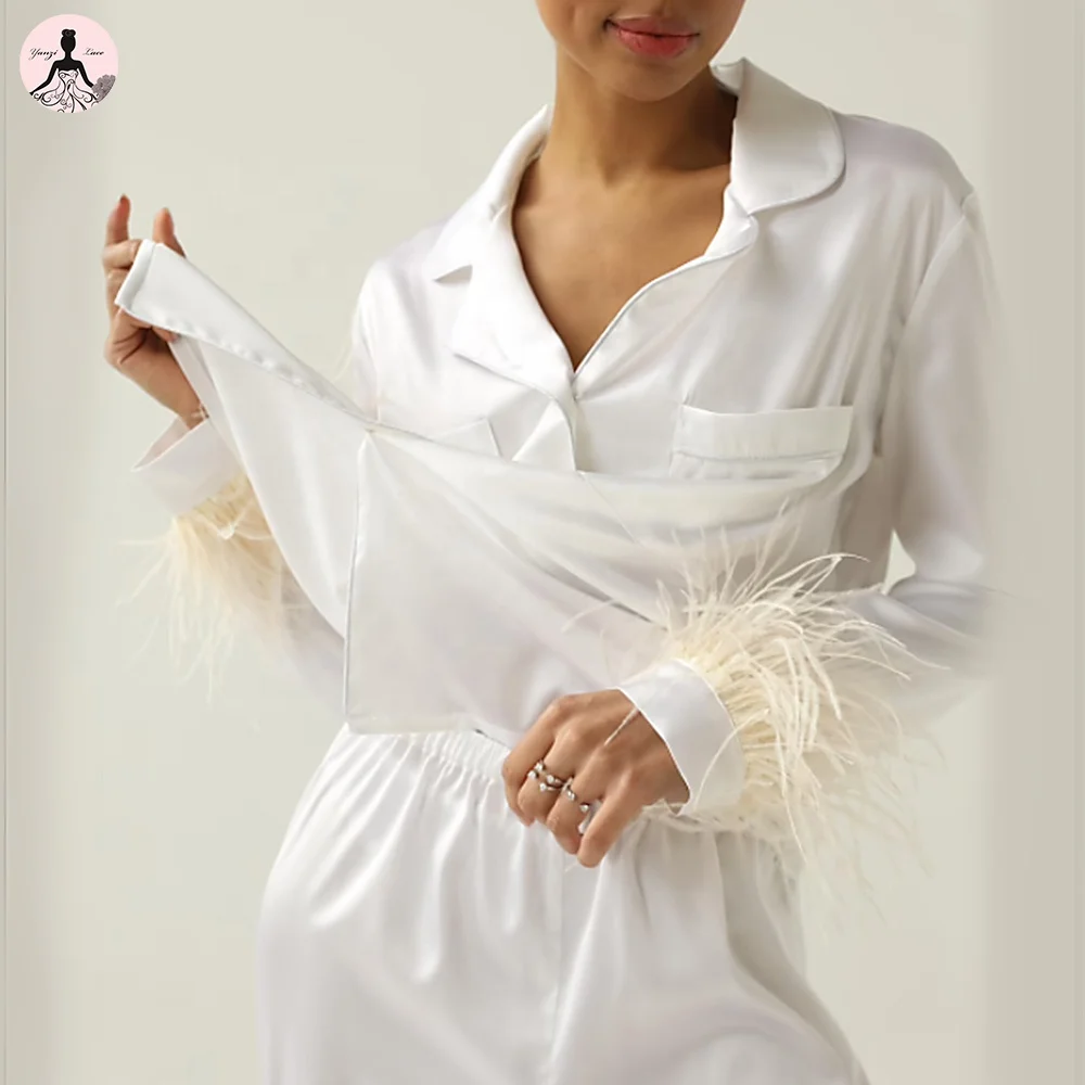 

Yanzi loungewear high quality feather pajama women sleepwear long sleeve silk sexy nightwear satin pajamas sets, Customizable colors