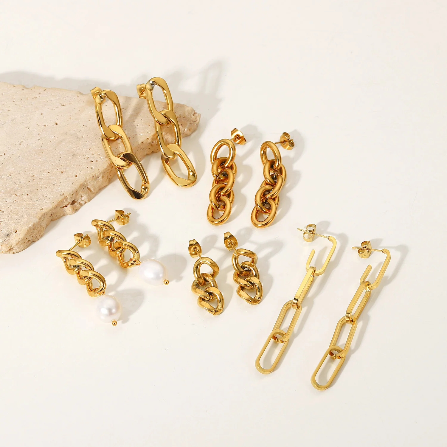 

New Trendy 18k Gold Plated Stainless Steel Jewelry Waterproof Long Cuban Chain Baroque Pearl Drop Earrings