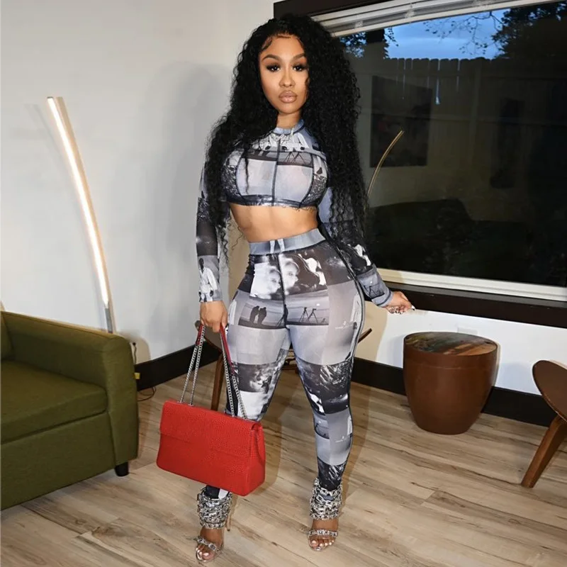 

2021 New arrivals In Stock women sexy long sleeve top and long pants floral print casual two piece set