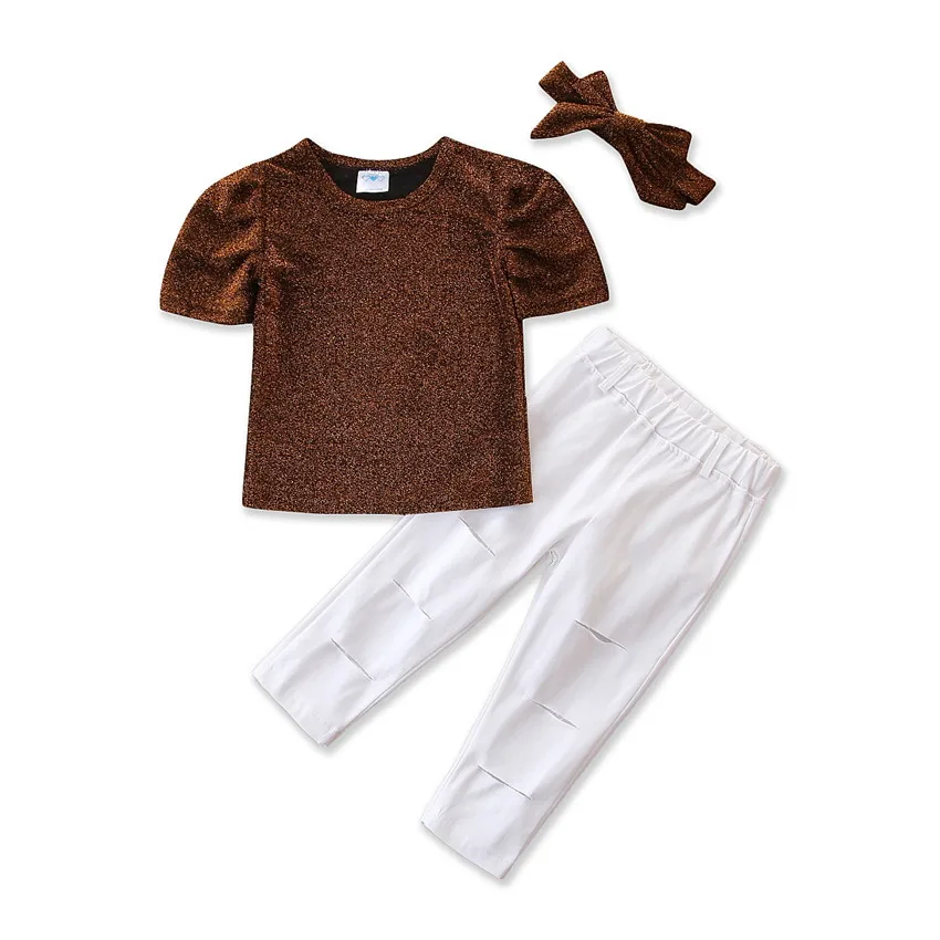 

2020 European and American children wear summer fashion suit bubble sleeve T torn trousers baby girl clothing set for wholesale, As pic shows, we can according to your request also