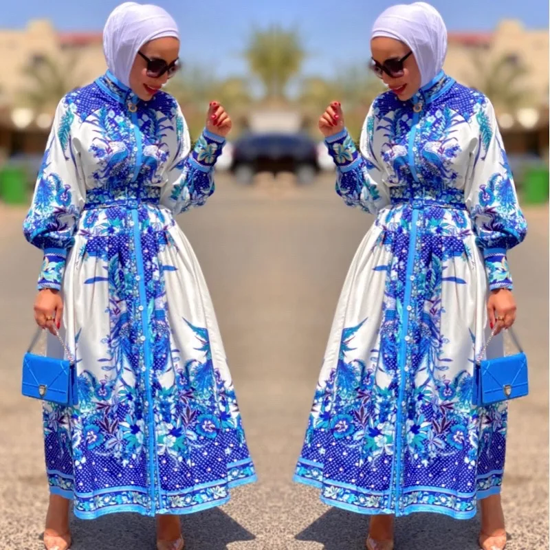 

Retro Saudi Arabia hot sale Muslim printed casual robe dress long sleeved vacation elegant maxi dress Islamic clothing