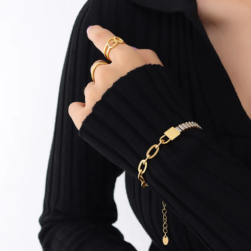 

18k Real Gold Plated Square Zircon Bracelet Stainless Steel Asymmetry Link Chain Zircon Bracelet Bangle For Girls