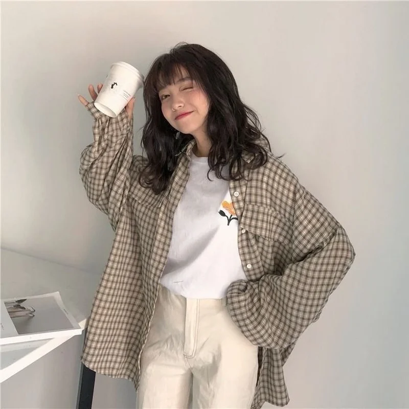 

Plaid Shirt Women Checked Vintage Blouse with Lush Sleeves Korean Style 2021 Fashion Cotton Harajuku Tops Kawaii Casual, Khaki gray