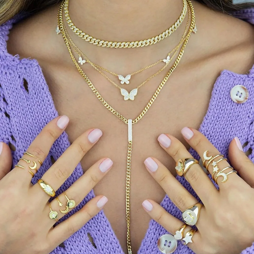 

Wholesale women fashion jewelry popular copper cubic zirconia gold plated bling butterfly necklace