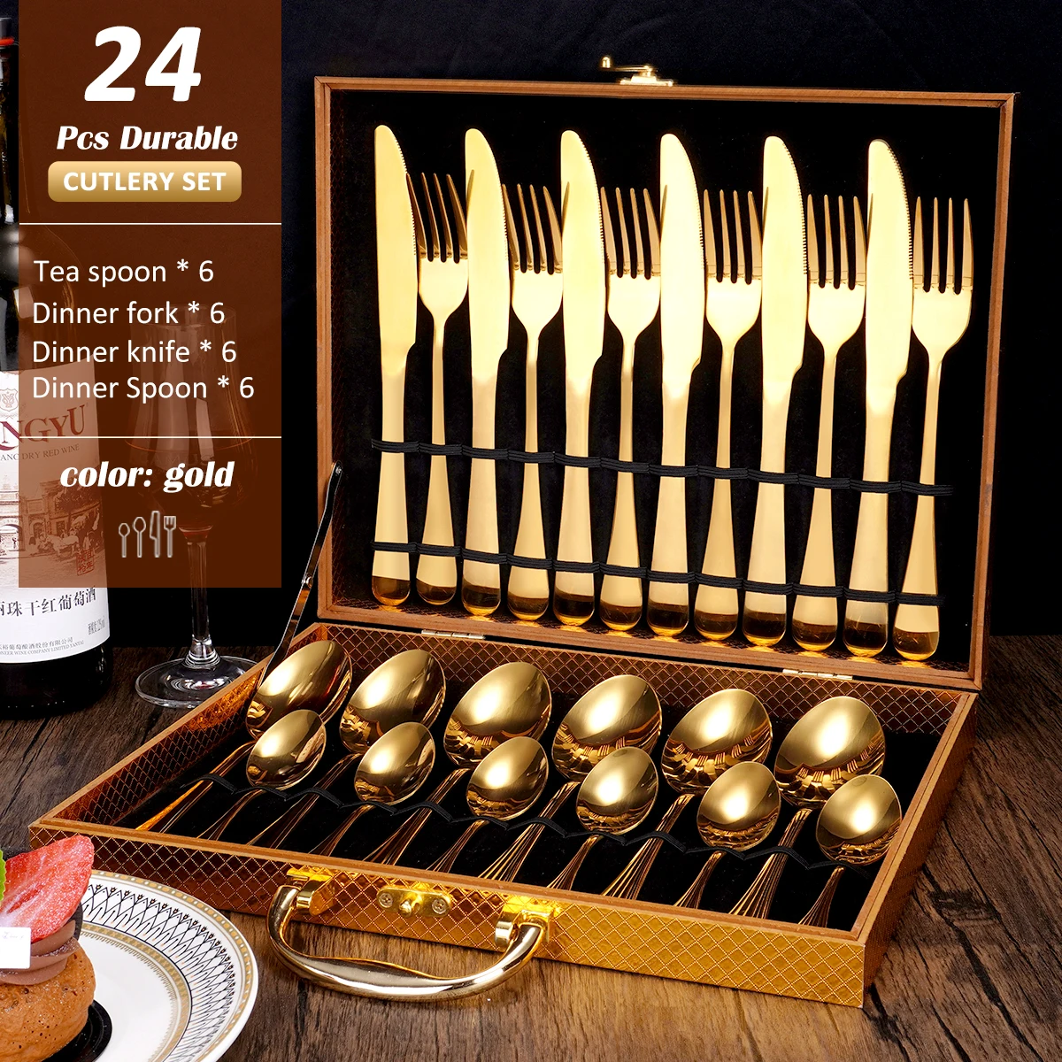 

Wholesale Royal Knife Spoon Fork Gift Box Luxury Restaurant Wedding bestek 24pcs Silver Gold Plated Stainless Steel Cutlery Set