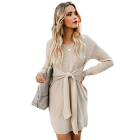 

2019 Winter Long Sleeve V Neck Plain Tie Dress Women Sweater Dresses