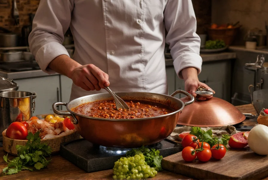 Chef preparing traditional chili in large copper pot with fresh ingredients